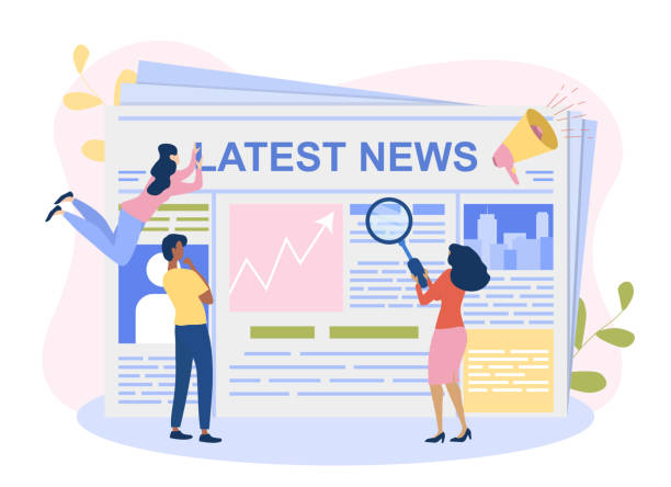 Male and female characetrs are reading latest news. Male and female characetrs are reading latest news. Young men and women read newspaper with magnifier. Flat cartoon vector illustration journalism illustrations stock illustrations