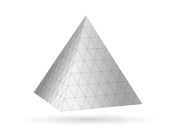 Vector illustration of Geometric grid pyramid. Gray 3d triangle with monochrome mathematical digital network tracery.