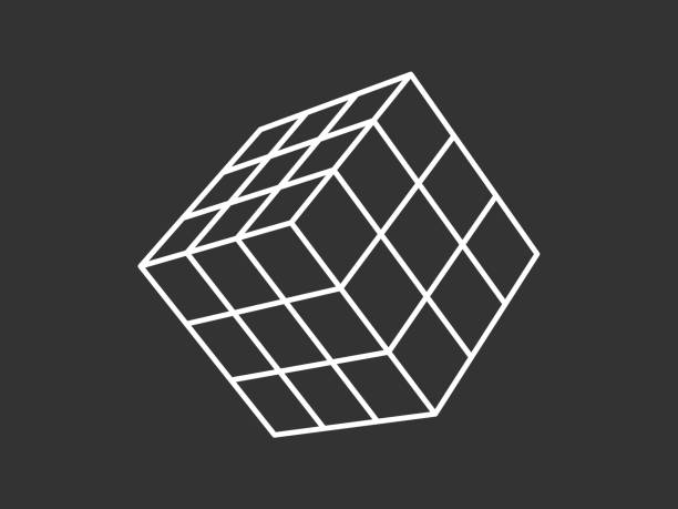 Cube white geometric contour in black space. Geometric puzzle for addicting math logical 3D entertainment intelligence training and vector assembly speed competition.