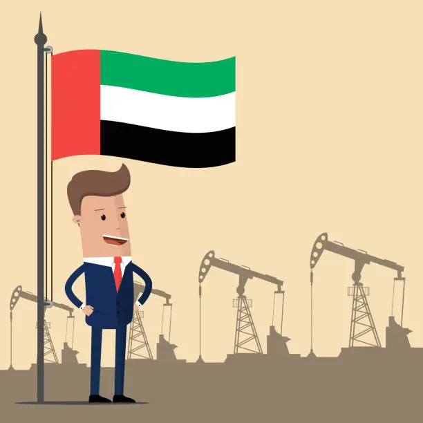 Vector illustration of Businessman or politician under the flag of United Arab Emirates against the backdrop of oil pumps. Vector illustration
