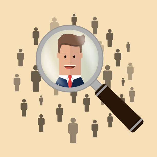 istock Searching for the candidate. Man at magnifying glass. Magnifying glass searching people. Vector illustration 1300008936