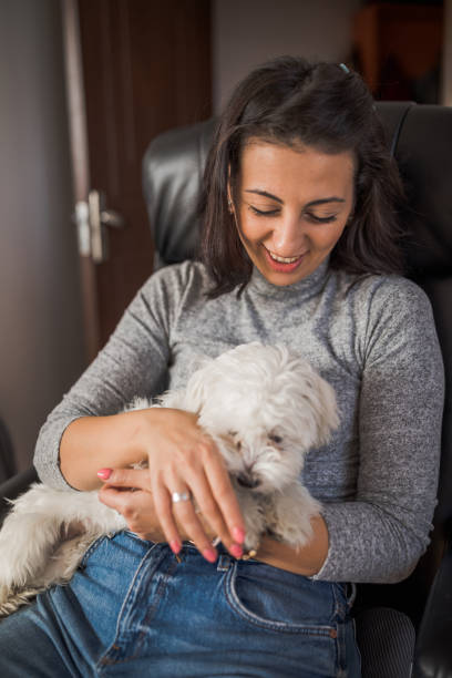 istock Happy girl petting her white dog 1300009348