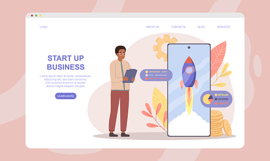 Male character is analysing data at the launch of a new startup. Man is standing next to smartphone with rocket on screen. Website, web page, landing page template. Flat cartoon vector illustration