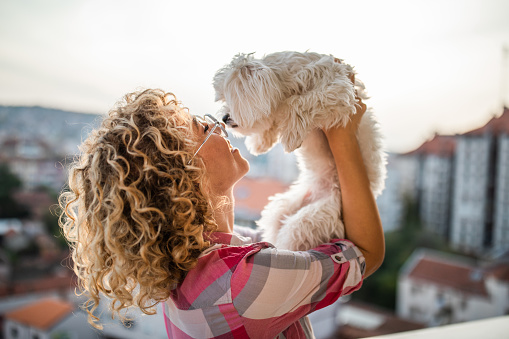 Girl standing on the balcony and holding her white puppy in the air close to her face. She is smiling. Sun is setting behind her.