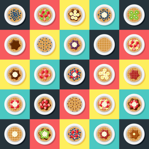ilustrações, clipart, desenhos animados e ícones de conjunto de ícones de cobertura de waffle - waffle breakfast syrup plate