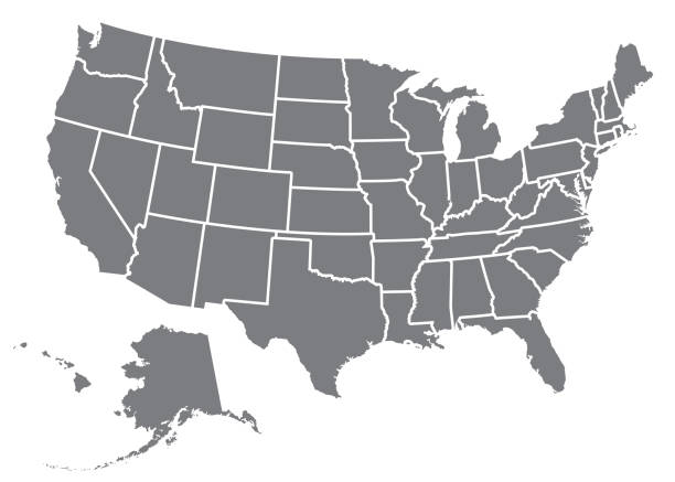A silhouette of the USA, including Alaska and Hawaii. File is built in CMYK for optimal printing and the map is gray.