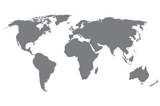 A silhouette of a world map. File is built in CMYK for optimal printing and the map is gray.