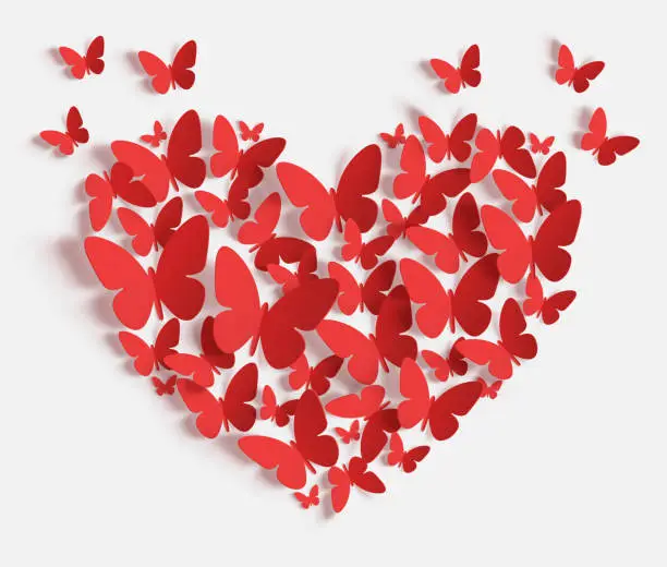 Vector illustration of Heart of red paper butterflies