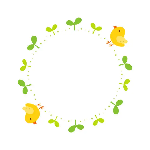 Vector illustration of Sprouts with cute chicks decorative round frame isolated on white background.
