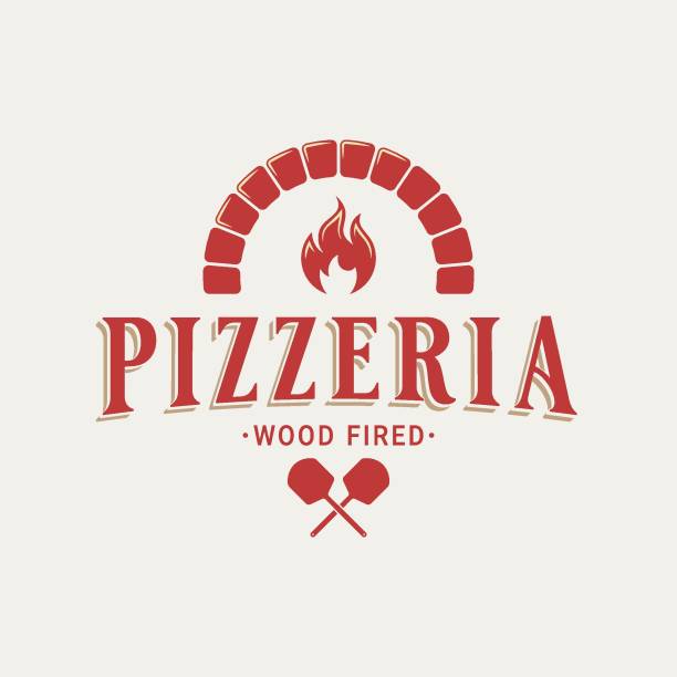 Pizzeria with oven shovel. Wood fired pizza on white background Pizzeria with oven shovel. Wood fired pizza on white background 8 eps chef cooking flames stock illustrations