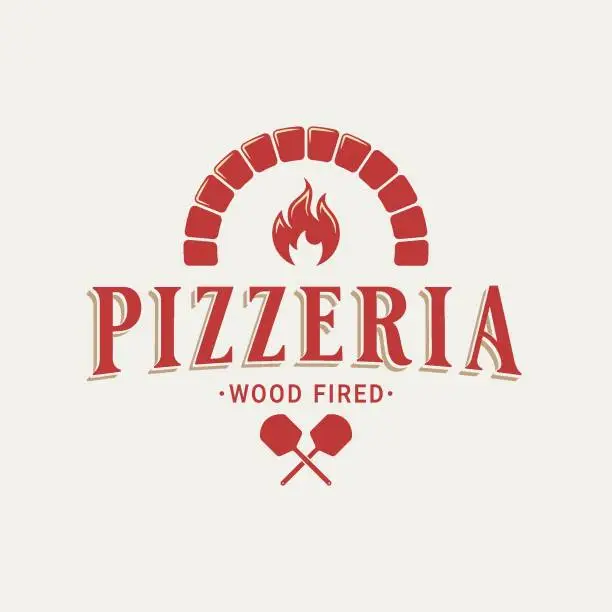 Vector illustration of Pizzeria with oven shovel. Wood fired pizza on white background