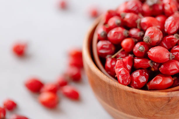 灰色の石の背景に犬のバラの組成 - hawthorn berry fruit plant autumn ストックフォトと画像