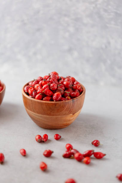 istock Composition of dog rose on a grey stone background 1300019576