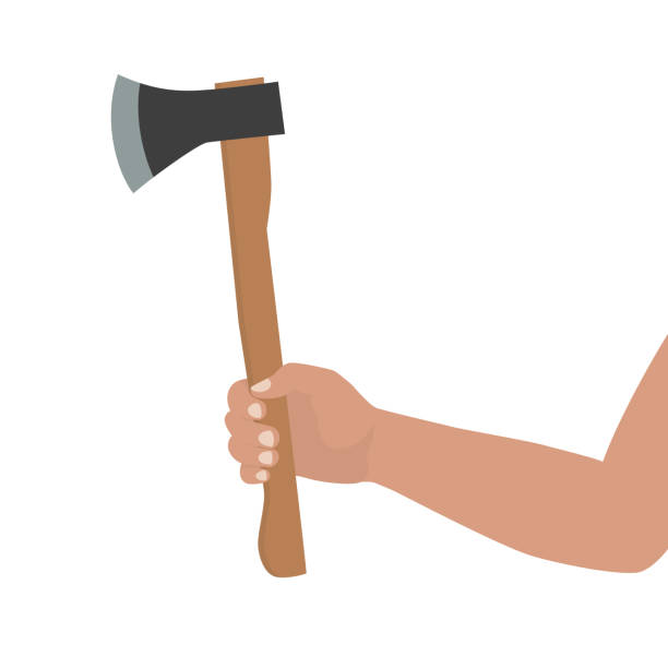 A hand to the elbow, without clothes, holds an ax. Hand holding hatchet. Isolated silhouette on a white background. Vector stock illustration. A hand to the elbow, without clothes, holds an ax. Hand holding hatchet. Isolated silhouette on a white background. Vector stock illustration. work tool nail wood construction stock illustrations