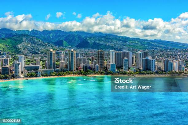 Waikiki Area Of Honolulu Skyline Aerial Stock Photo - Download Image Now - Honolulu, Oahu, Waikiki Beach
