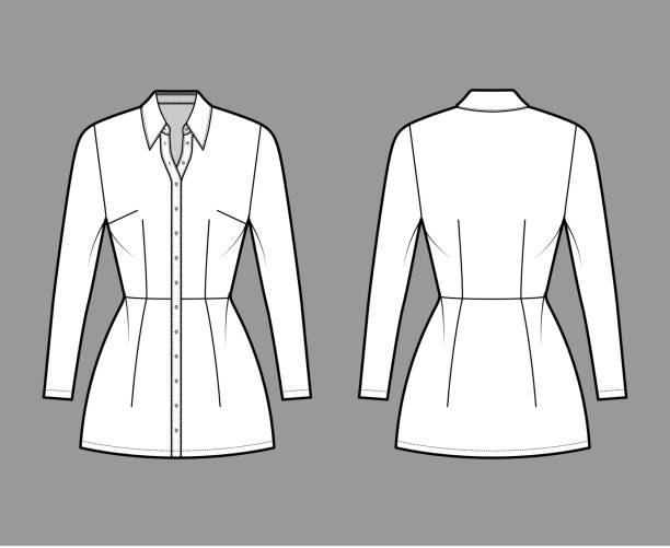 istock Shirt dress technical fashion illustration with regular collar, mini length, fitted body, Pencil fullness, button up 1300023711