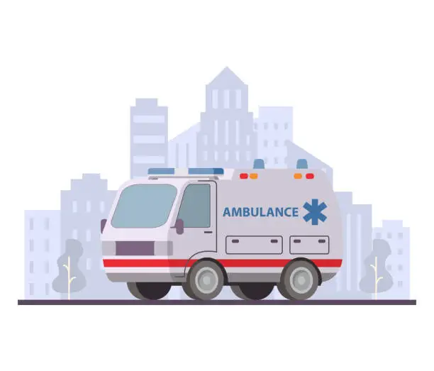 Vector illustration of First aid ambulance van. Emergency medical vehicle.