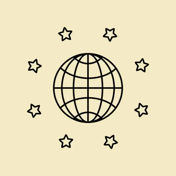 Vector illustration of Globo icon with a circle of stars. Outline black image of planet. Light gold background