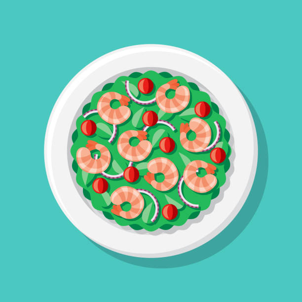 Shrimp Salad Overhead Icon A flat design salad icon from an overhead perspective. File is built in the CMYK color space for optimal printing. Most color swatches are global so it’s easy to change colors across the document. seafood salad stock illustrations