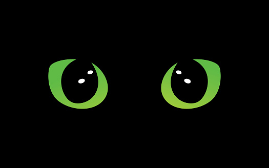 Vector illustration of green cats eyes on a black background.