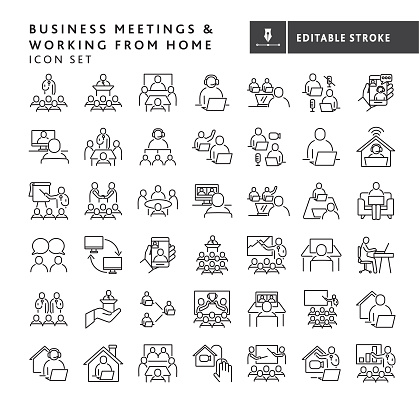 Vector illustration of a big set of 43 Business Team meetings and working from home concepts thin line style icons. Includes concepts like business team meetings large and small, presentations, groups of teams working together, leaders and managers, business seminars, classrooms, connectivity, working from home, working remotely, screen sharing, on white background with no white box below. Fully editable for easy editing. Simple set that includes vector eps and high resolution jpg in download.