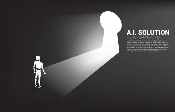 istock Silhouette of robot ready to move out to key hole door. 1300032780