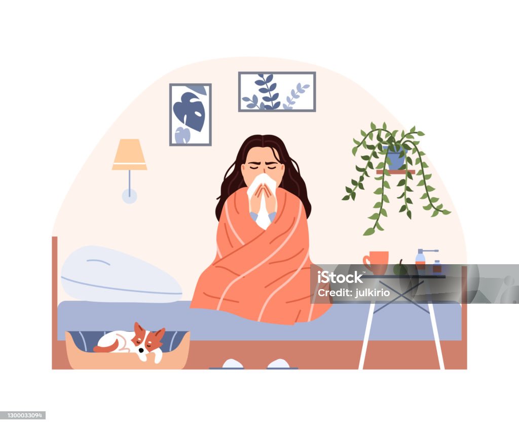 Sick Person On Bed With Blanket Treatment Flat Common Cold Flu Virus  Concept Sneezing Woman Blow Nose Character Has Influenza Infection Cough  Runny Nose Fever Medical Cartoon Vector Illustration Stock Illustration -