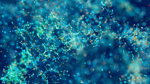 Particles background Abstract particles on a dark blue background nanotechnology stock pictures, royalty-free photos & images