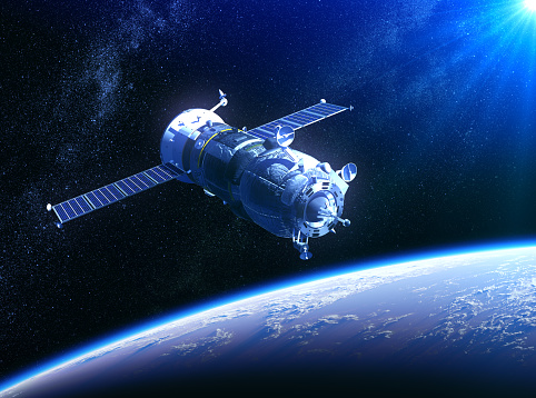 Russian Cargo Spacecraft In The Rays Of Sun. 3D Illustration. NASA Images NOT Used.