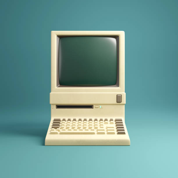 Vintage And Retro Desktop Computer Retro 1980's style beige desktop computer and built in screen and keyboard.  3D illustration. computer stock pictures, royalty-free photos & images