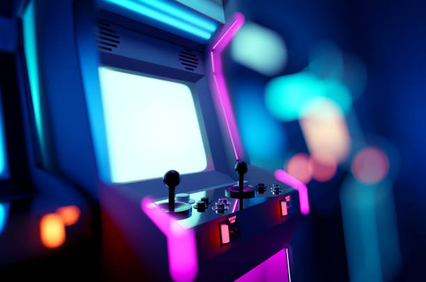 neon retro arcade machines en una sala de juegos - retro gaming fotografías e imágenes de stock