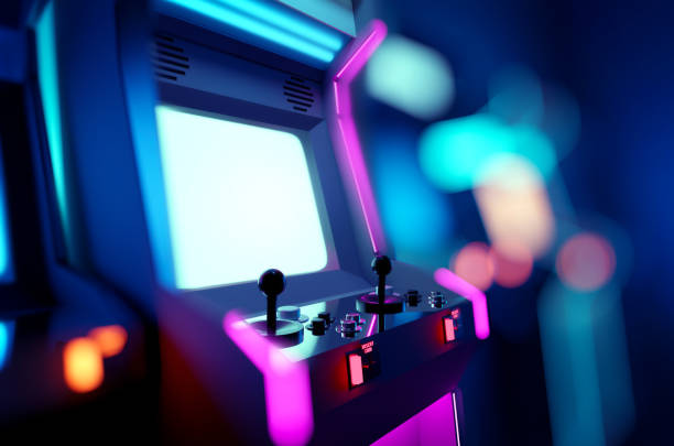Neon Retro Arcade Machines In A Games Room Retro neon glowing arcade machines in a games room. 3D render illustration. 1980s style stock pictures, royalty-free photos & images