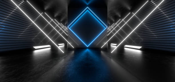 istock Dark tunnel with bright blue neon lights on a black background. 3d rendering image. 1300037507