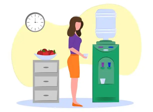 Vector illustration of business woman drinks water from a cooler in the office.