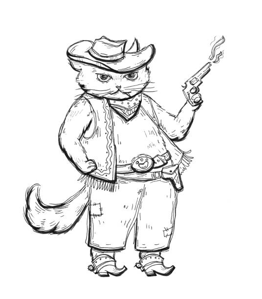 istock Cat cowboy holding a revolver and dressed in a hat, waistcoat, boots with spurs. 1300040344