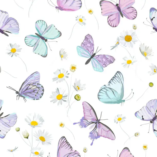 Vector illustration of Seamless daisy flowers and butterfly vector background. Spring floral watercolor pattern. Summer beautiful textile, rustic wallpaper, camomile illustration, garden fabric, wrapping paper design