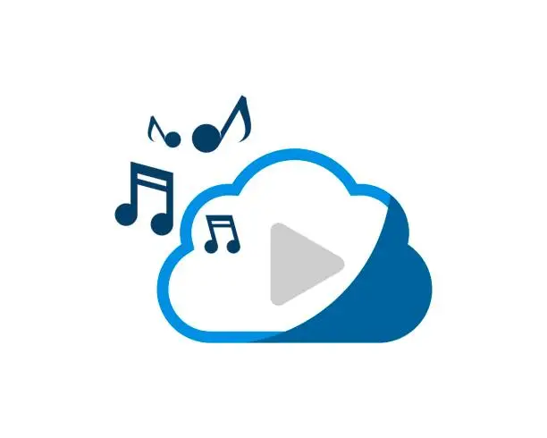 Vector illustration of Simple cloud with media play button and music note inside