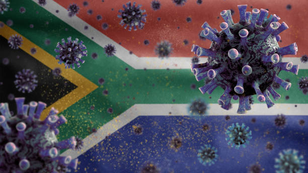 коронавирус, плавающий над африканским флагом rsa. южная африка и пандемия ковид 19 - nelson mandela стоковые фото и изображения