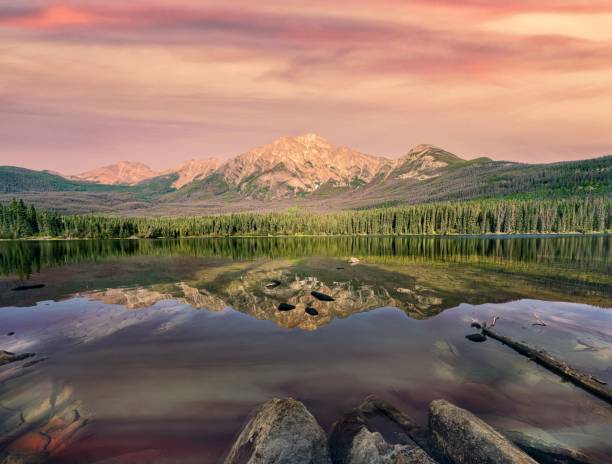 Pyramid Mountain across Pyramid Lake as seen from Pyramid Island, Jasper, AB, Canada