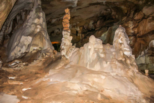 istock Abstract drawing of an underground cave with stalactites and stalagmites. Limestone karst formation. Travel and vacation concept. Digital painting. Abstract naturalism, relief pattern. 1300053426
