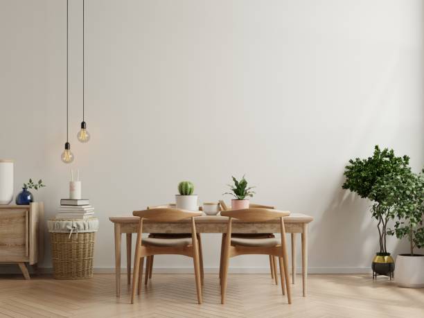 istock Modern dining room interior design with beige empty walls. 1300054328