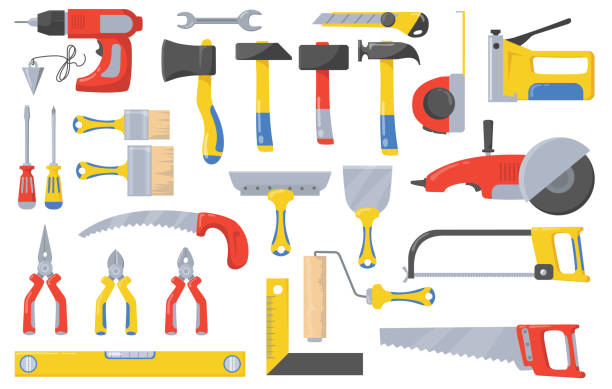 Construction tools set Construction tools set. Instruments for masonry works with concrete and brick, bricklayer job, hammer, screwdriver, drilling machine, paintbrush, spatula. For buildings, repair and renovation concept construction equipment stock illustrations