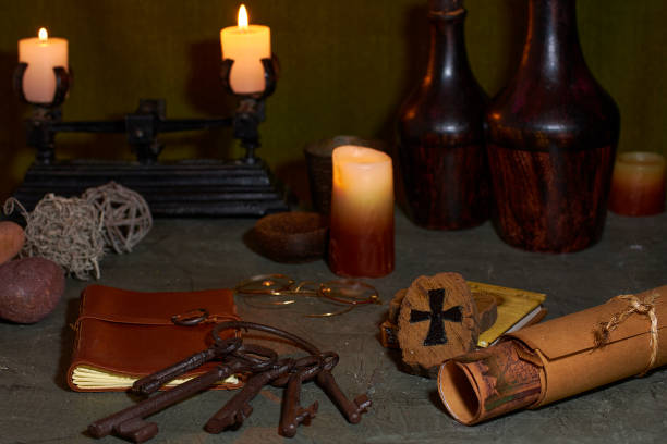 istock old keys on wooden table and rustic stone 1300057488