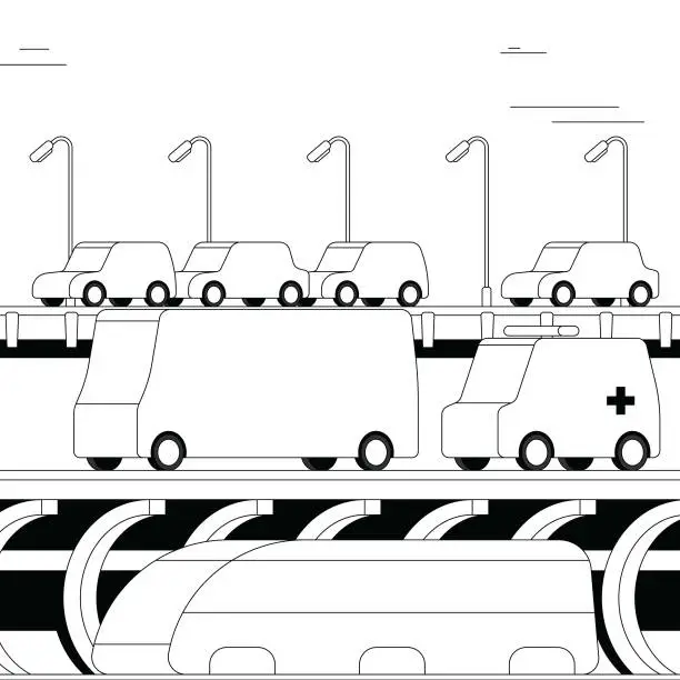 Vector illustration of Multi-layered traffic grid in smart cities, offering a large array of public and shared transportation augmented with self-driving vehicles. Smart city and integration of the new 5G network. Bold black and white illustration with bright colorful highlight