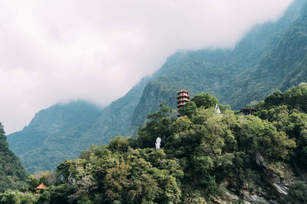 istock Landscape view of Xiangde Temple from valley below with cliffs behind. 1300062476