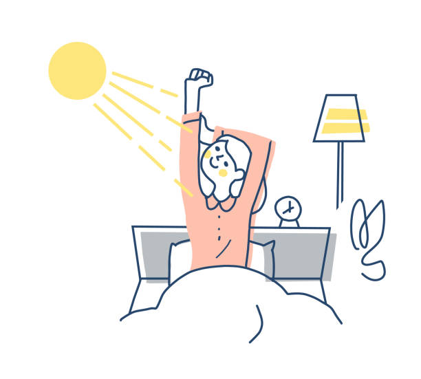 A woman stretching in bed while bathing in the morning sun Wake up, people, health, sleep, sunlight bedding illustrations stock illustrations