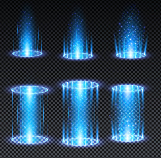 Blue hologram portal. Magic fantasy portal. Magic circle teleport podium with hologram effect. Vector blue glow rays with sparks on transparent background vector art illustration