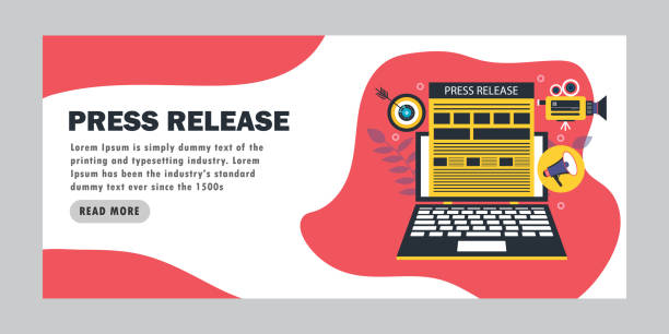 ilustrações de stock, clip art, desenhos animados e ícones de landing page press release concept - press release