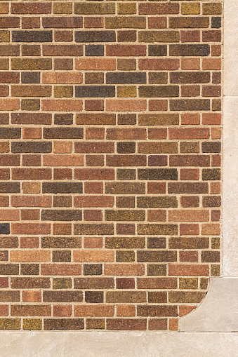 Full frame texture view of an attractive vintage multi-shade brown brick wall in a Flemish bond brickwork pattern, with simple white stone moulding on the right side and bottom.