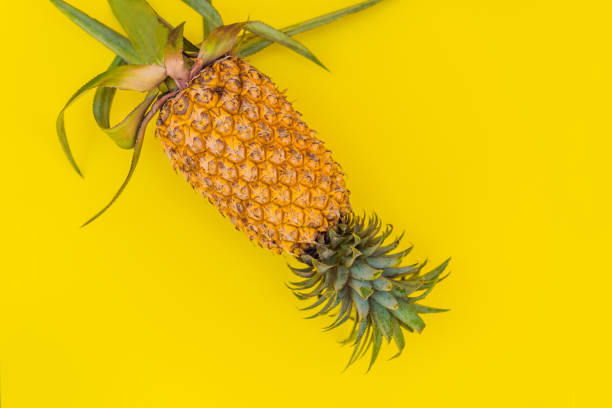 istock Pineapple on yellow background. Summer concept. Flat lay, top view 1300068384